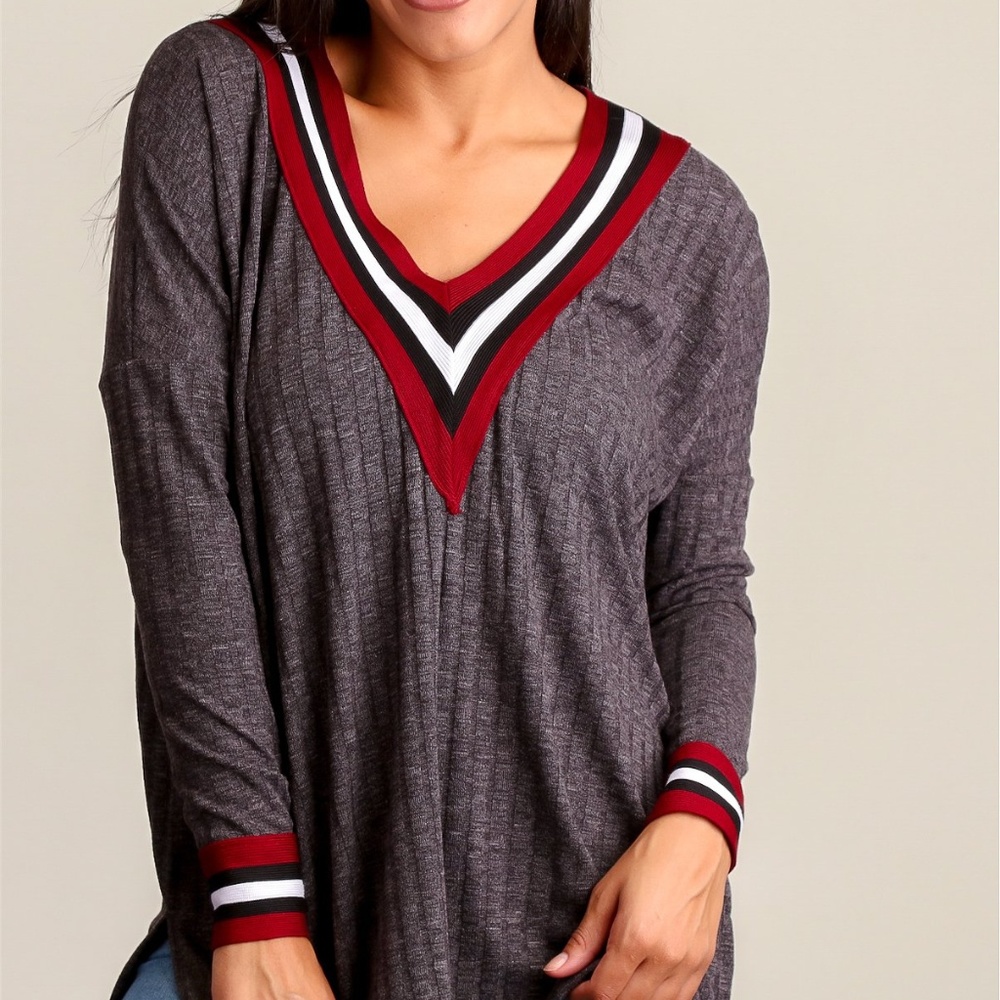 SUN N MOON Charcoal Red Stripe V-Neck Tunic
